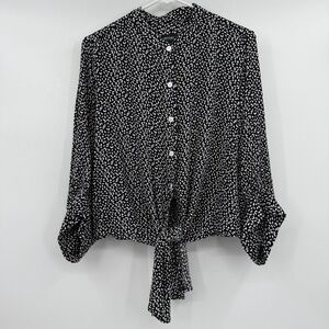 Karen Kane Top Women XL Black White Short Puff Sleeve Rayon Tie Front Button Up